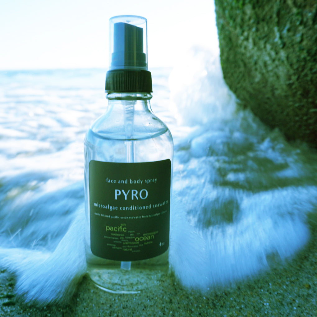 PYRO Ocean Spray bottle on a beach rock with ocean background – clean skincare concept