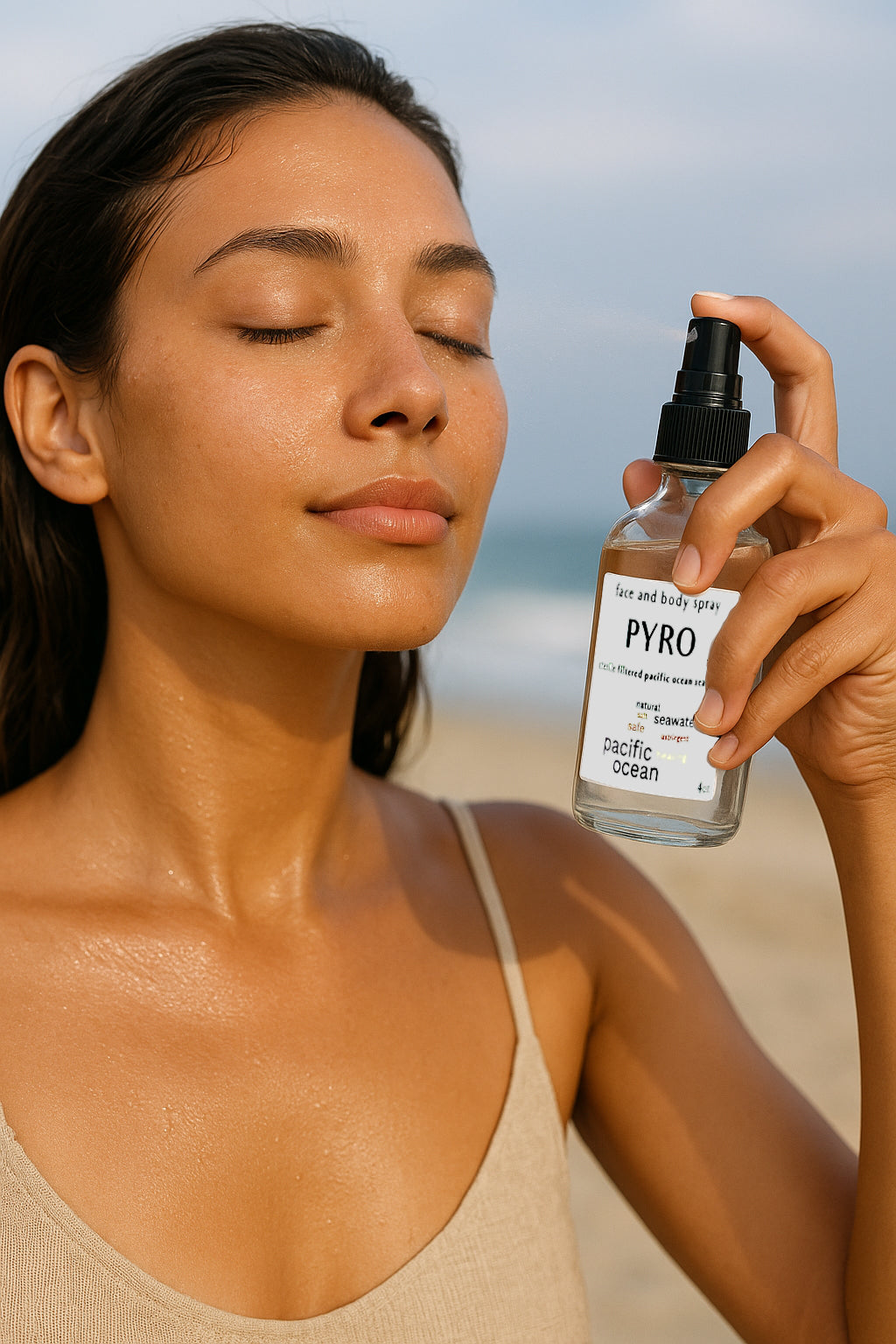 Beautiful model sprays PYRO SeaSpray on her face