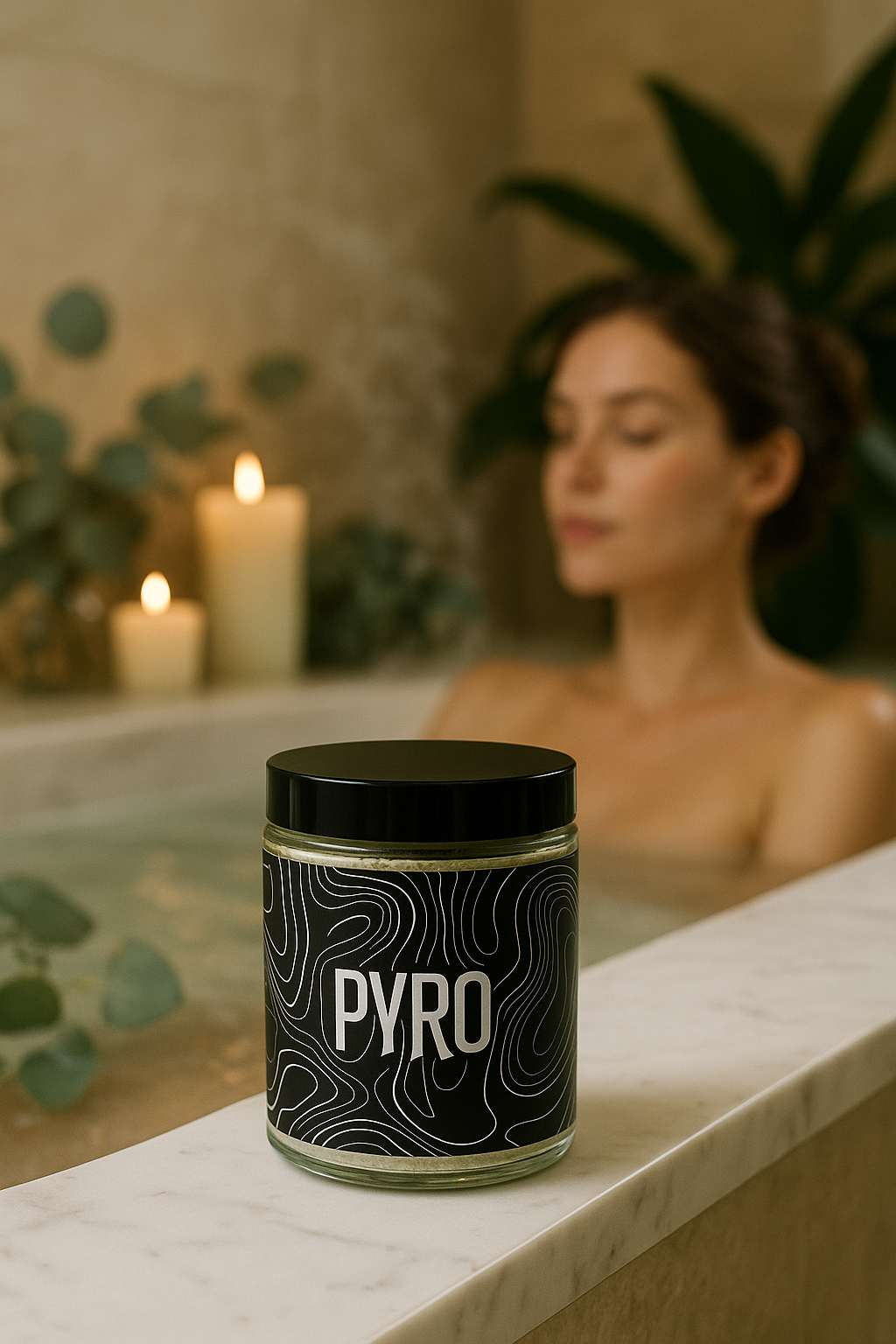 Relaxing bath scene with Pyro Bath Salt and candles for a spa-like atmosphere
