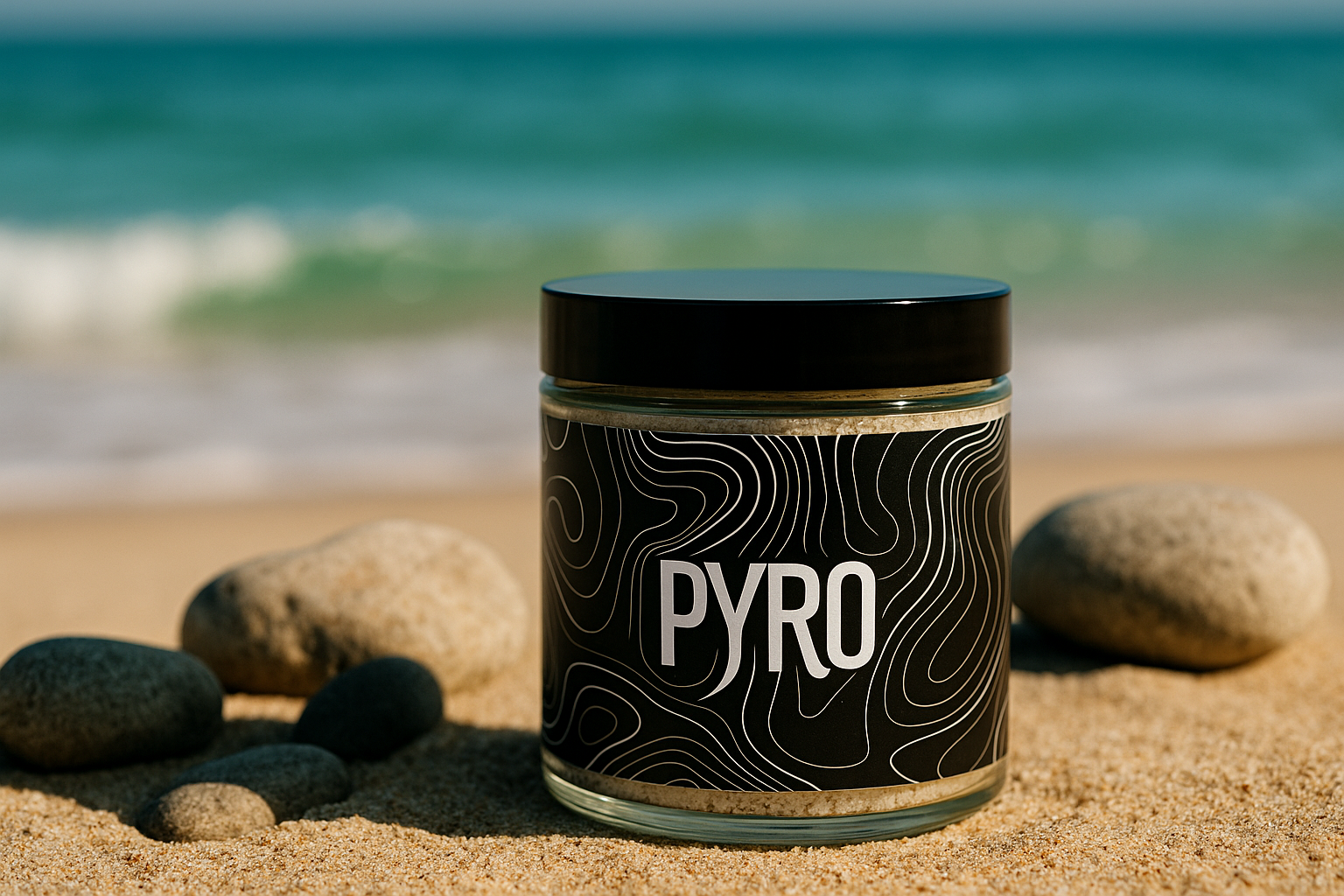 PYRO Sea Salt jar placed on golden beach sand beside smooth stones with turquoise ocean waves in the background
