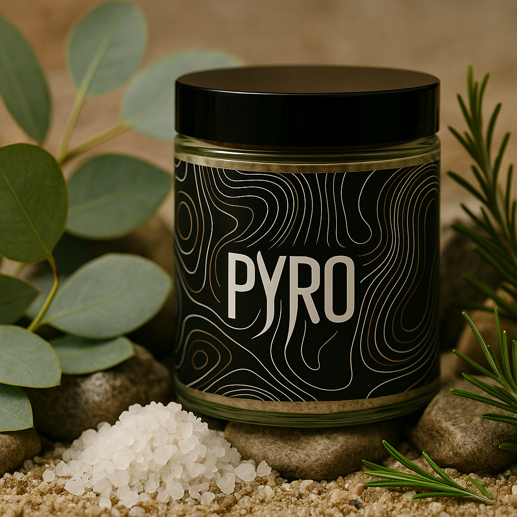 PYRO Sea Salt jar resting on a bed of warm rocks and sand, surrounded by eucalyptus leaves, rosemary, and raw sea salt crystals