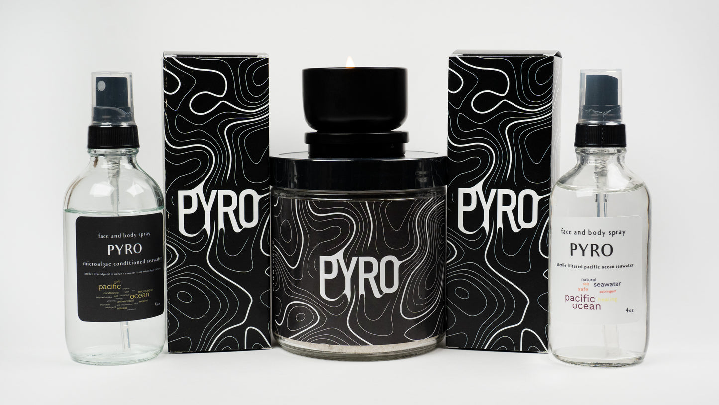 PYRO microalgae based gift set with sea spray, sea bath salt, and ocean candle