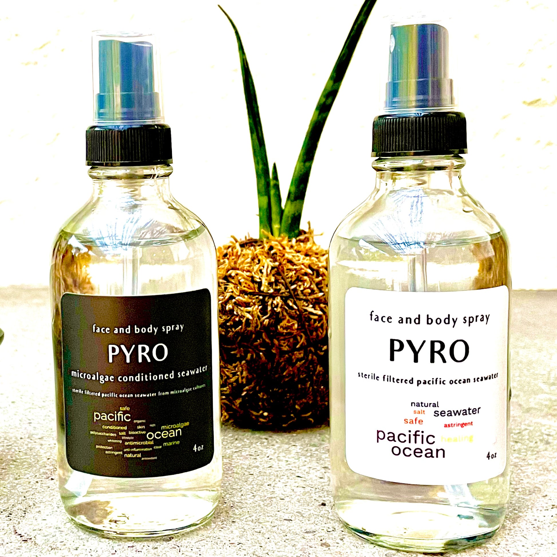 PYRO face and body spray pure seawater and with microalgae treated seawater. Clean safe and easy to use